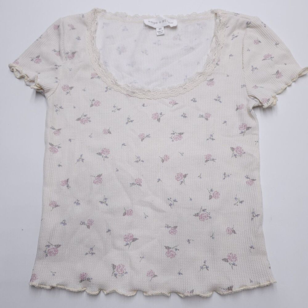 Sage + Stone Shirt Waffle Knit Coquette Cottagecore Thermal Top Size XS Floral